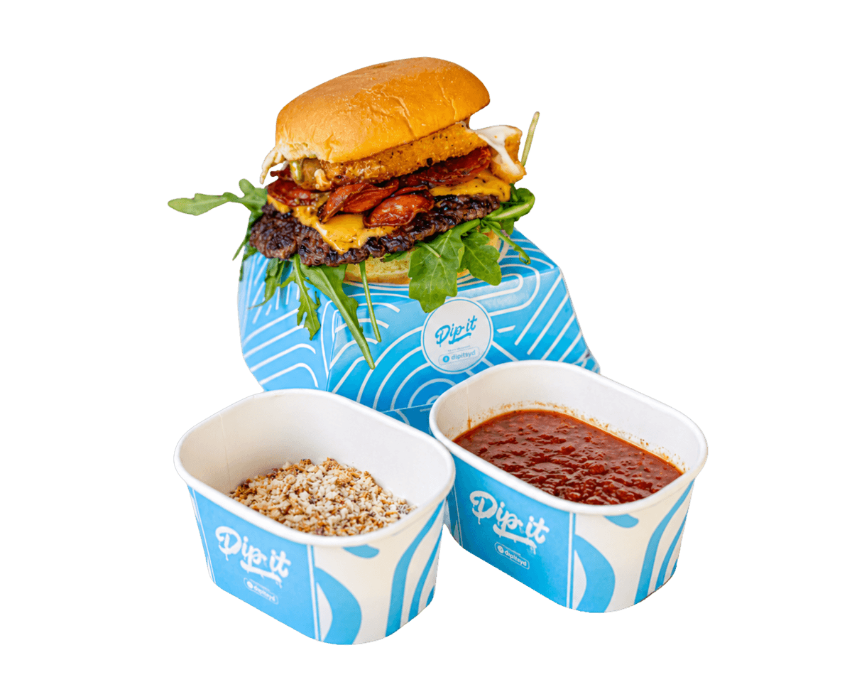 The Italian Stallion — Dip It special with beef patty, pepperoni, salami, mozzarella sticks, rocket, pesto mayo, Napolitana wet dip and Pangrattato dry dip